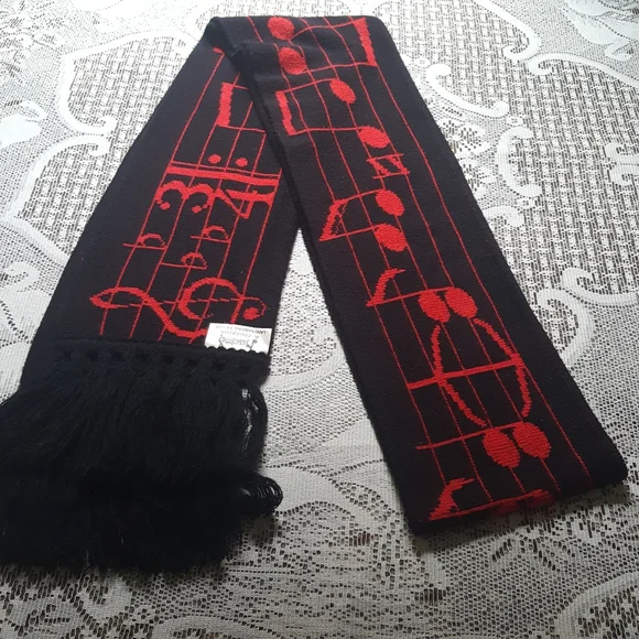 Vintage 1980's Black and Red Musical Notes Acrylic Scarf